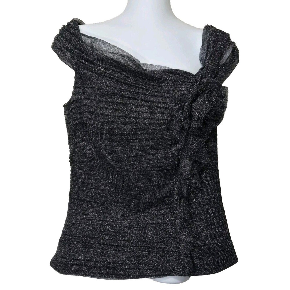 Tadashi Shoji Top Womens 12 Black Silver Metallic Mesh Off Shoulder Layer Formal